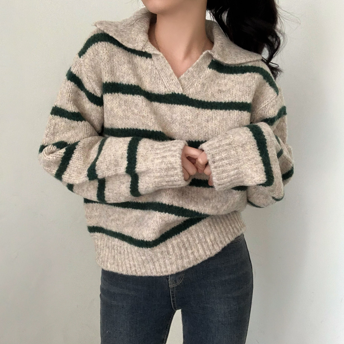 INS韓國東大門！簡約休閒寬鬆慵懶百搭顯瘦條紋毛衣外套女