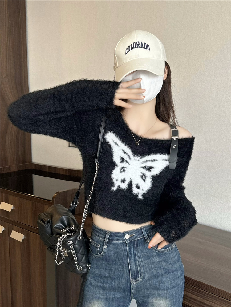 Actual shot ~ Autumn and winter new design butterfly pattern off-shoulder plush knitted short sweater