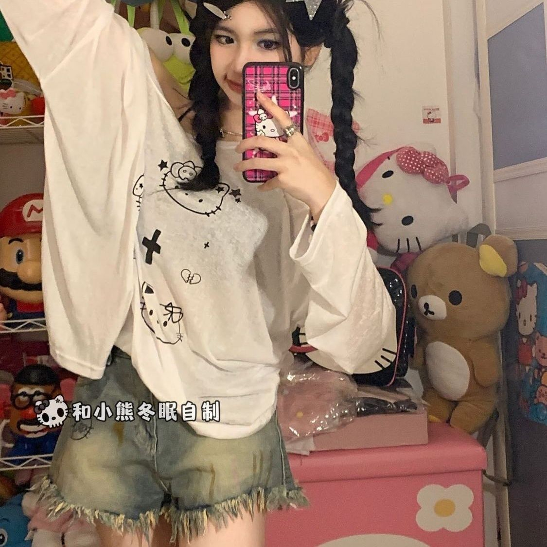 天絲羊絨1*1 日系甜美可愛卡通kt貓罩衫長袖寬鬆百搭薄款辣妹