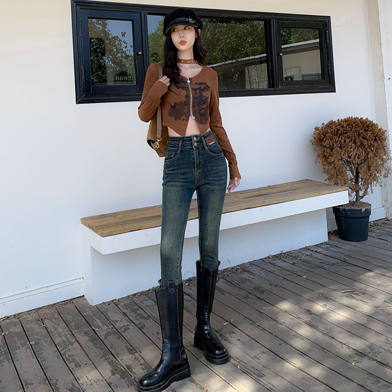 實拍~小腳牛仔褲女秋冬2023新款復古做舊高腰緊身顯瘦九分鉛筆褲