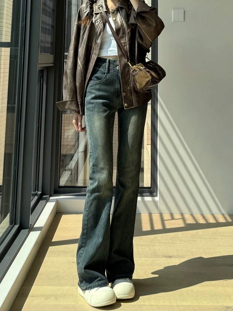 微喇牛仔褲女秋冬新款小個子美式復古水泥灰高腰顯瘦喇叭褲子
