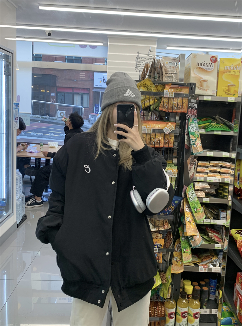 Actual shot~original American retro lazy embroidered baseball quilted thickened cotton loose jacket