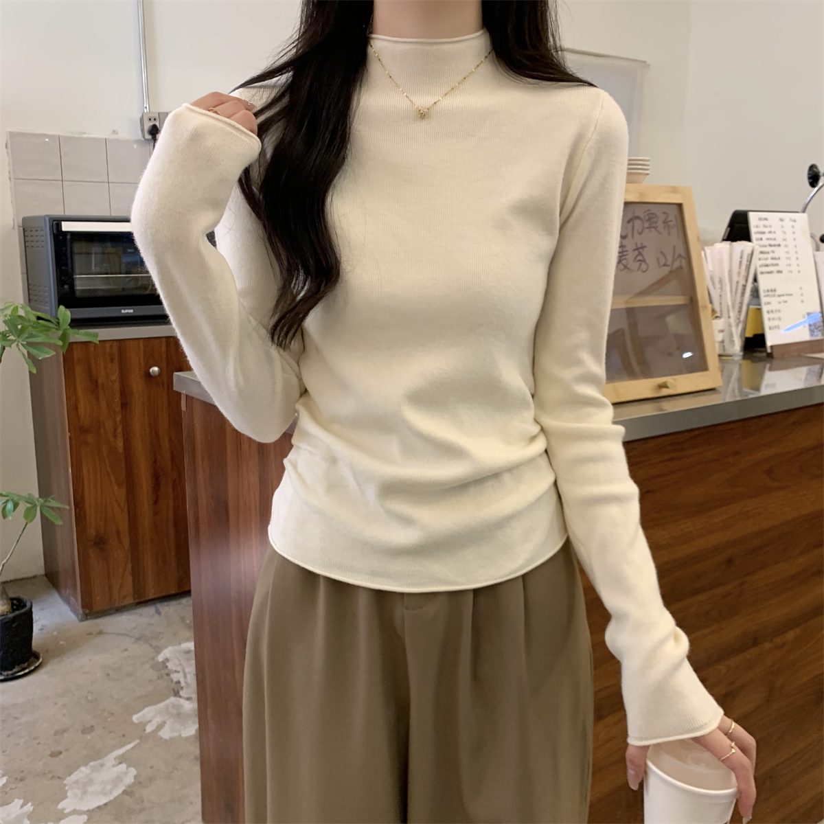 實拍 秋冬韓版修身半高領內搭褶皺設計感安迪絨針織打底毛衣