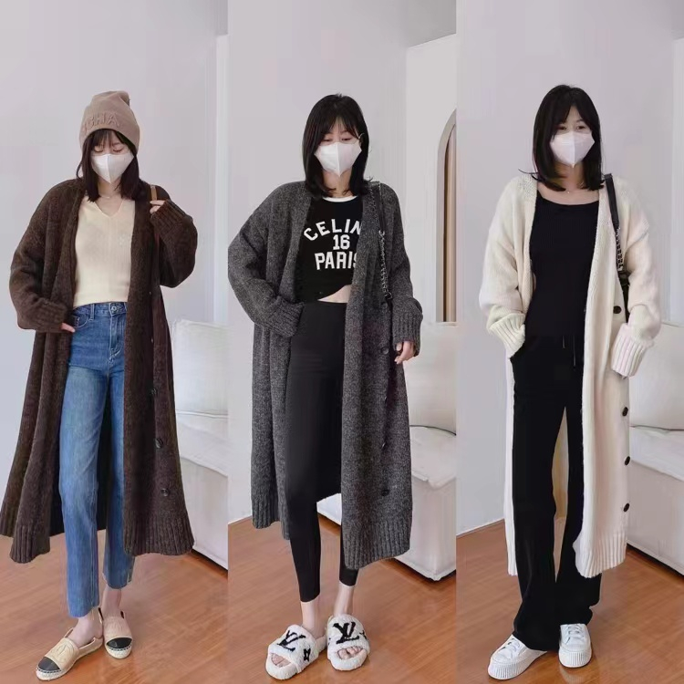 高級感寬鬆慵懶風中長款毛衣女粗針織羊毛大衣外套新款秋冬