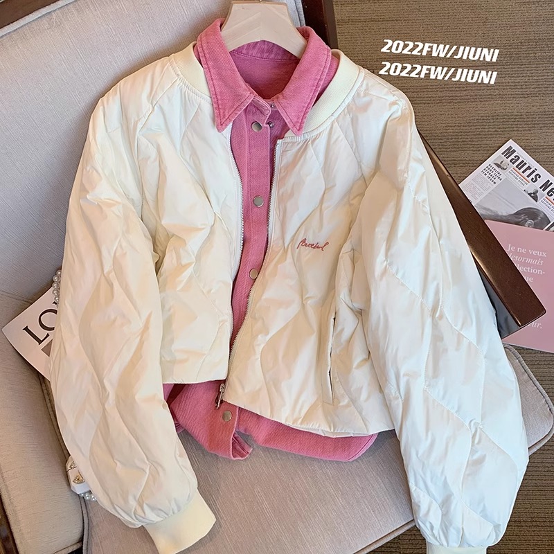 2023 new autumn and winter design niche detachable quilted jacket contrasting color denim splicing fake two-piece cotton jacket for women