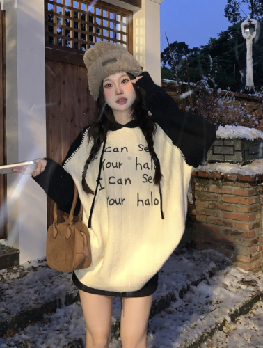 Real shot of niche design soft waxy sweater autumn and winter loose lazy style hooded knitted top