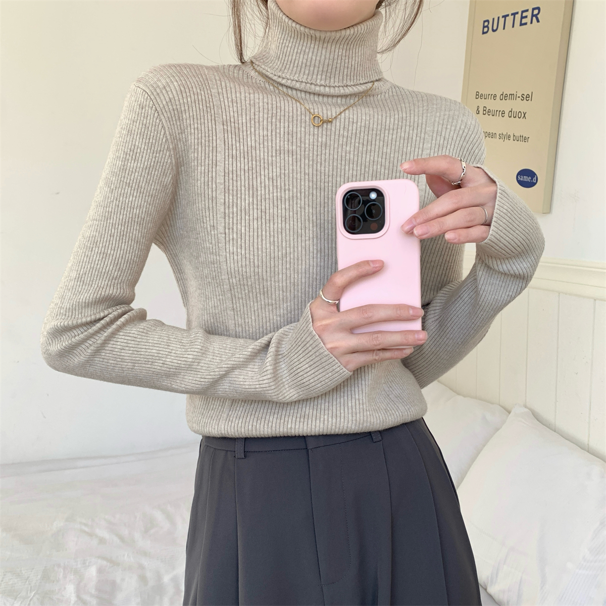 實拍 秋冬韓版修身氣質高領魚骨安迪絨內搭針織打底衫毛衣女