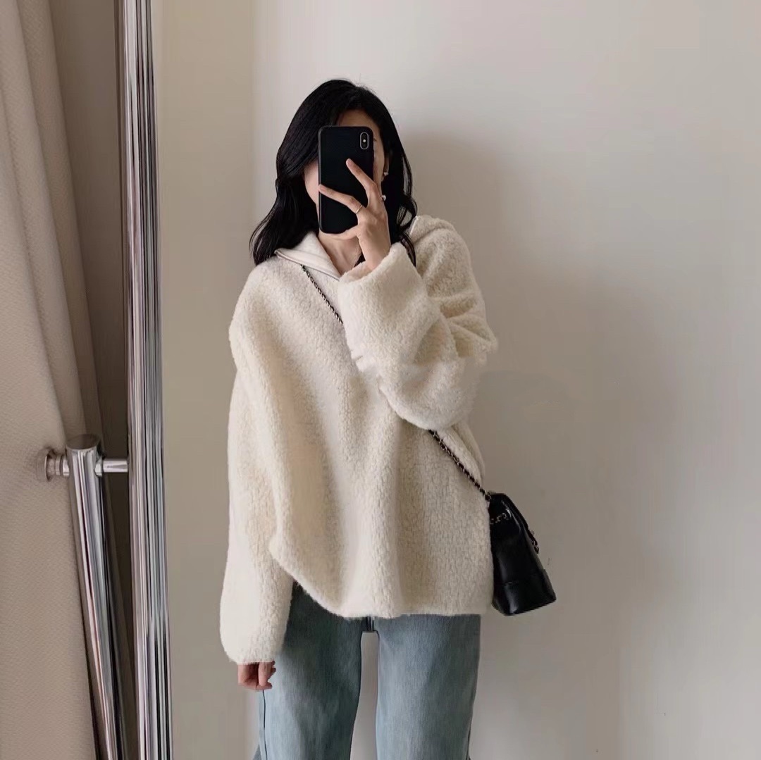 2023 new winter women's trendy lazy style loose Korean style grain velvet thickened hooded wool sweater