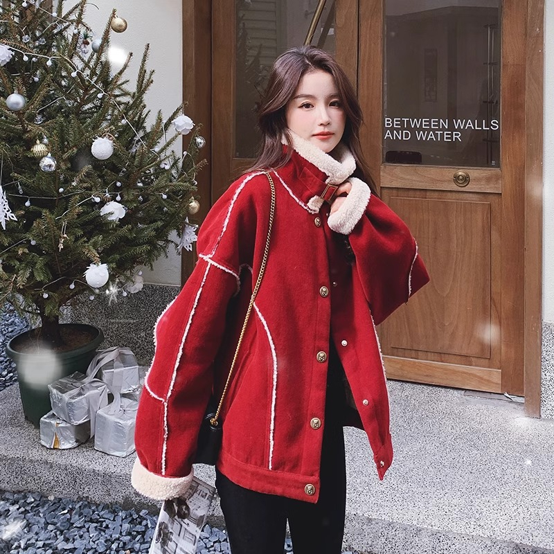 Red lamb wool spliced ​​parka cotton jacket for women winter coat with velvet and thickening 2023 street style American retro cotton jacket
