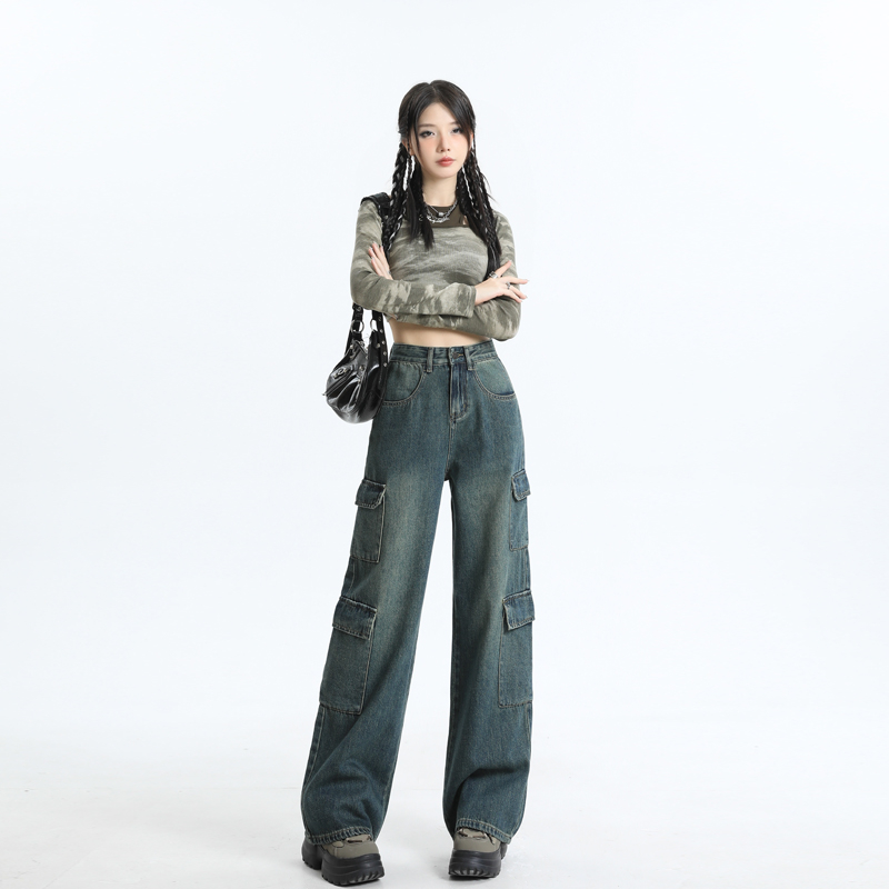 實拍2023秋季時尚超柔工裝牛仔褲女寬鬆高腰闊腿拖地褲子