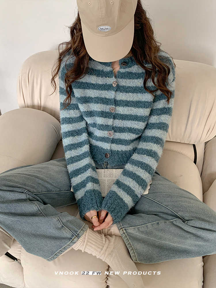 VNOOK 條紋毛衣女秋冬2023新款軟糯圈圈紗小眾設計感短款開衫上衣