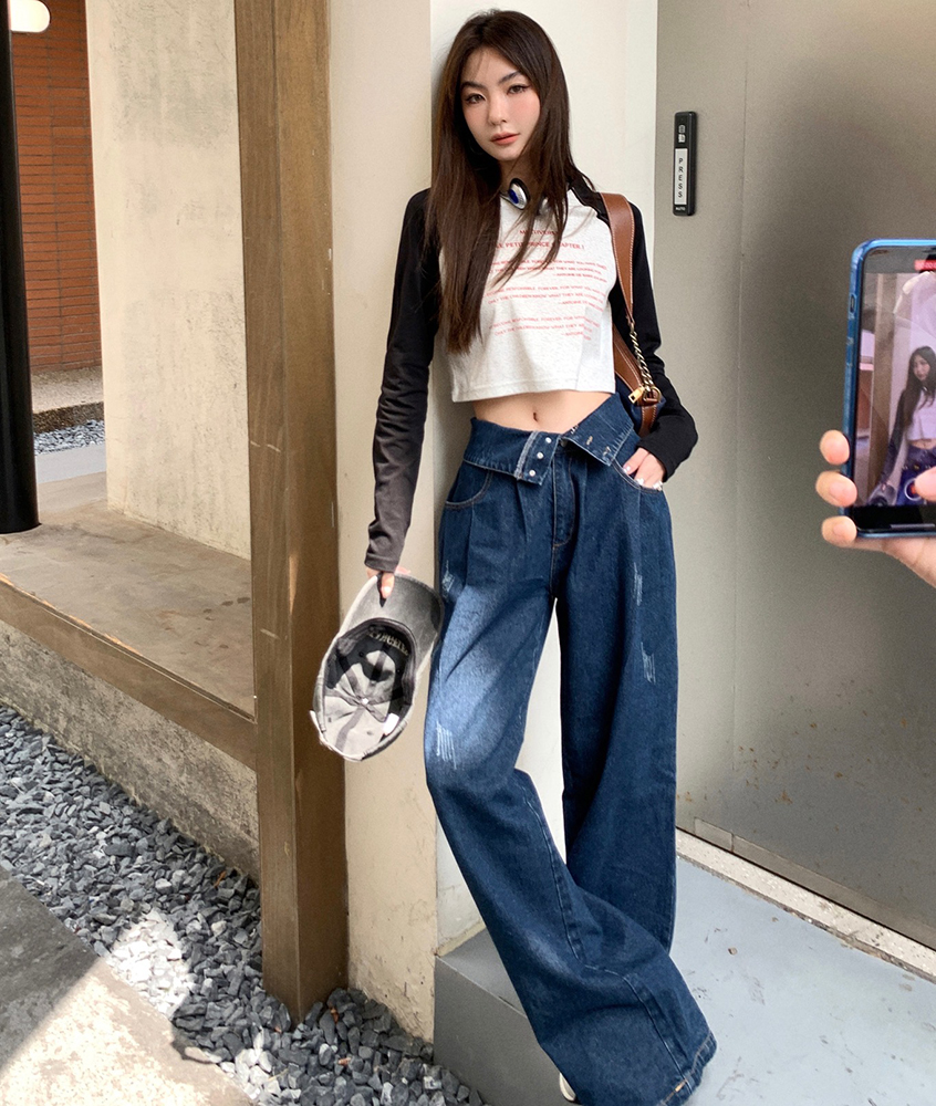 實拍2024春裝新款網紅潮設計翻邊褲腰牛仔褲女寬鬆顯瘦拖地闊腿褲