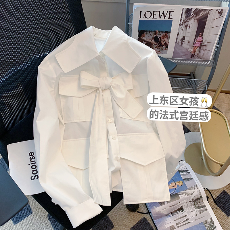 設計感小眾蝴蝶結長袖襯衫女2024早春新款法式高級感白色內搭襯衣