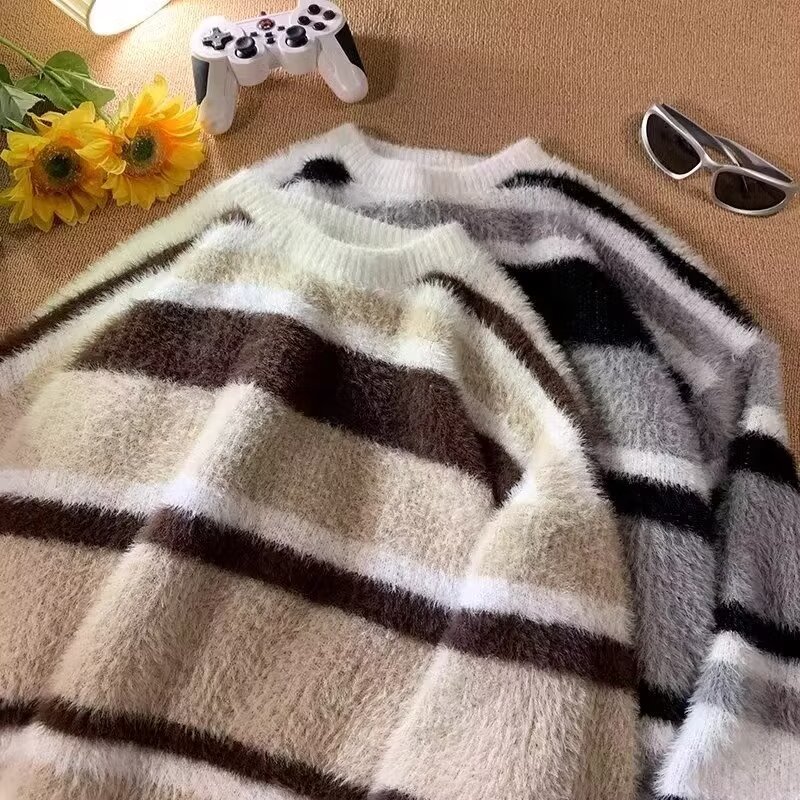 軟糯保暖毛衣男女寬鬆慵懶潮牌條紋圓領線衣秋冬高級感內搭針織衫