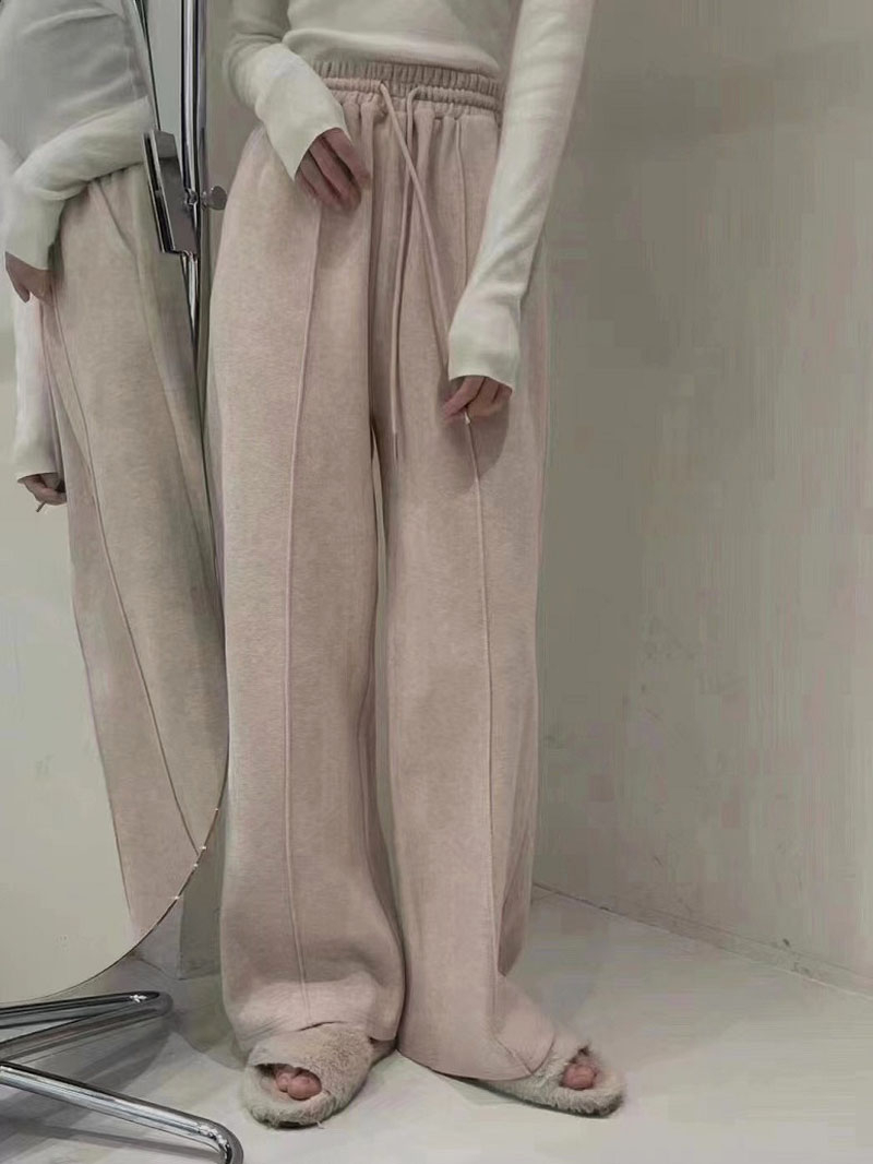 韓國東大門初春新款純色百搭鬆緊高腰加厚寬鬆直筒休閒長褲女