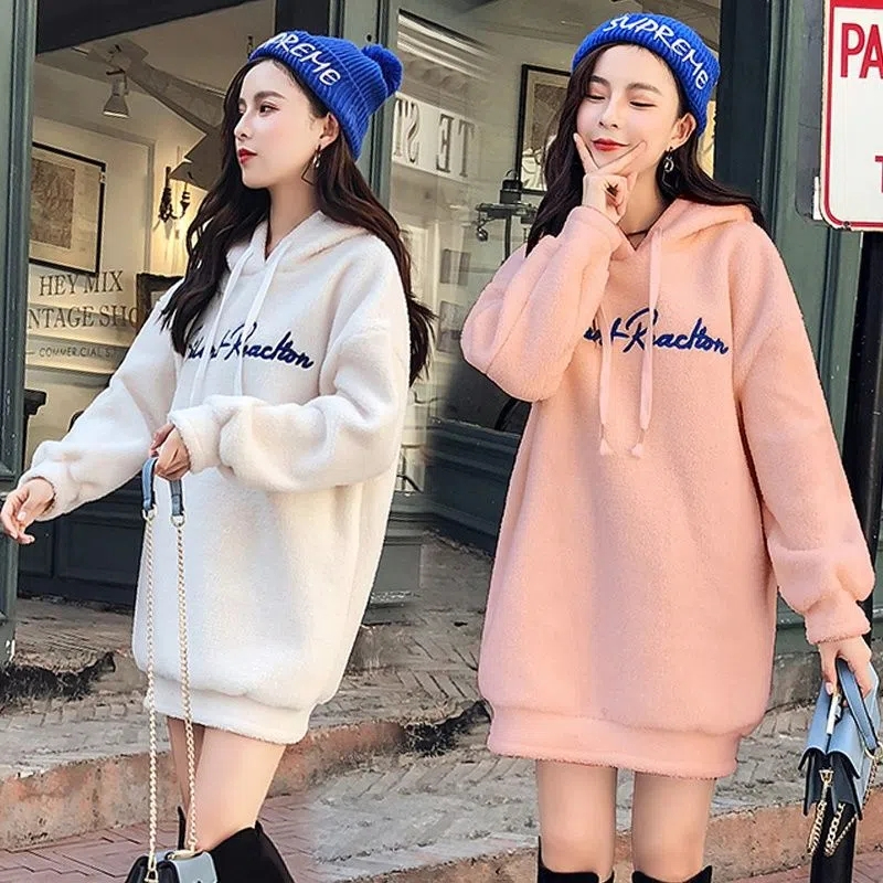 仿羊羔毛絨衛衣女連帽2023新款加厚加絨中長款韓版寬鬆長袖衛衣裙