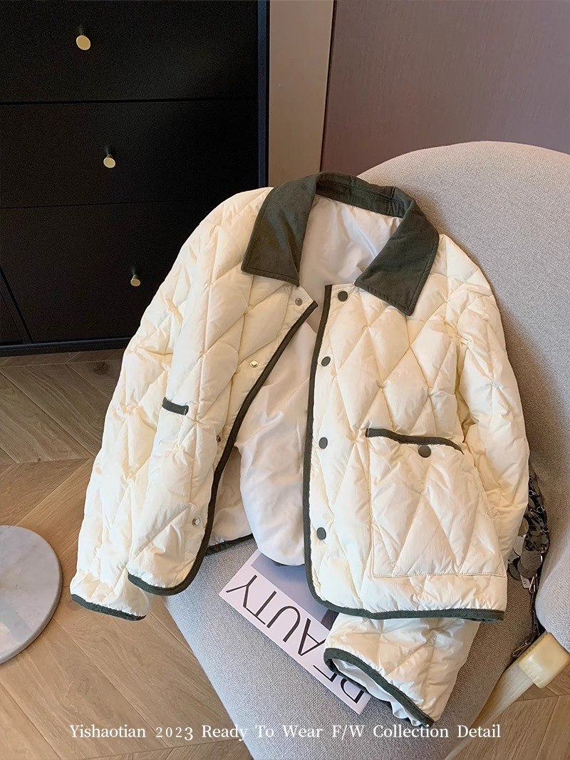 Xiaoxiangfeng Contrast Color Diamond Lapel Cotton Clothes Autumn and Winter Women's 2023 Fashion Loose and Versatile Short Lightweight Padded Jacket