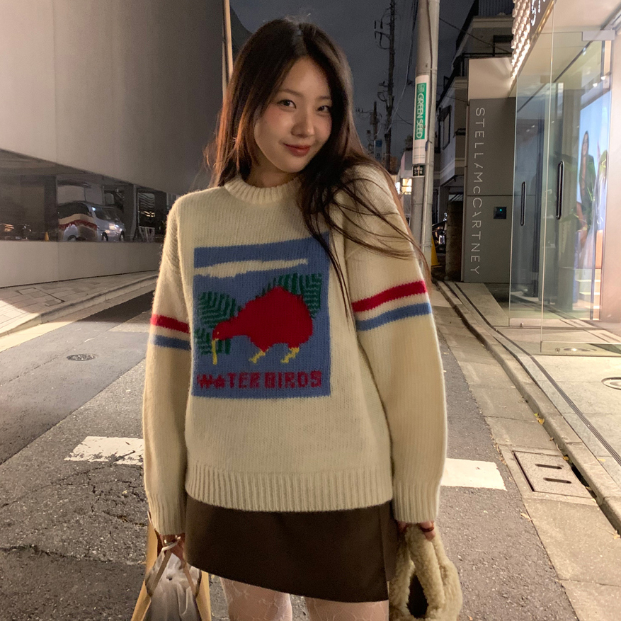 ！INS韓國東大門好看的配色圖案 寬鬆慵懶針織毛衣女
