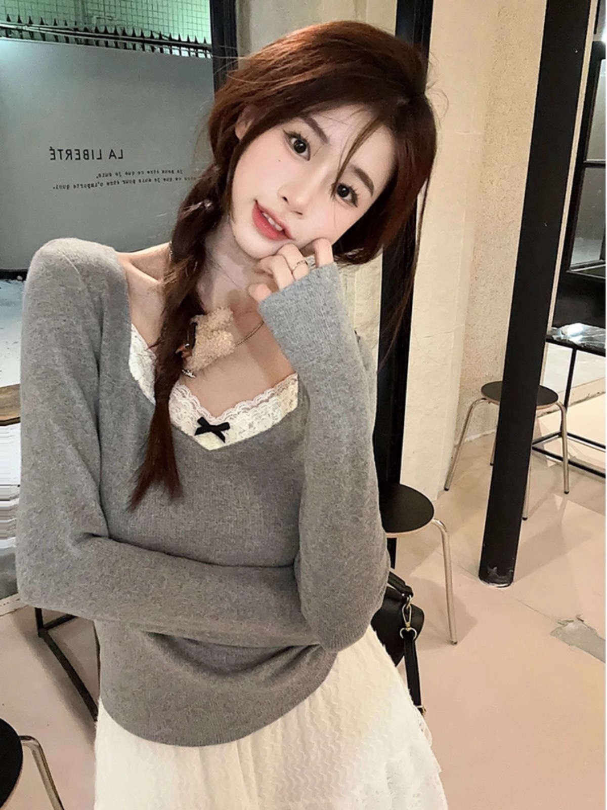German velvet lace splicing bottoming T-shirt autumn and winter 2023 new style inner long-sleeved top