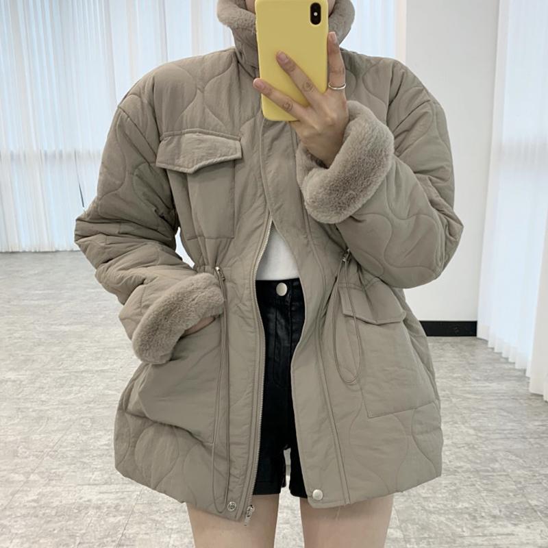 Thickened Korean chic retro stand-up collar multi-pocket zipper drawstring waist warm cotton jacket for women