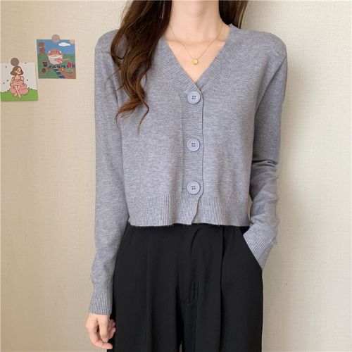 Real shot of core-spun yarn v-neck long-sleeved sweater top thin cardigan with sweater short coat for women