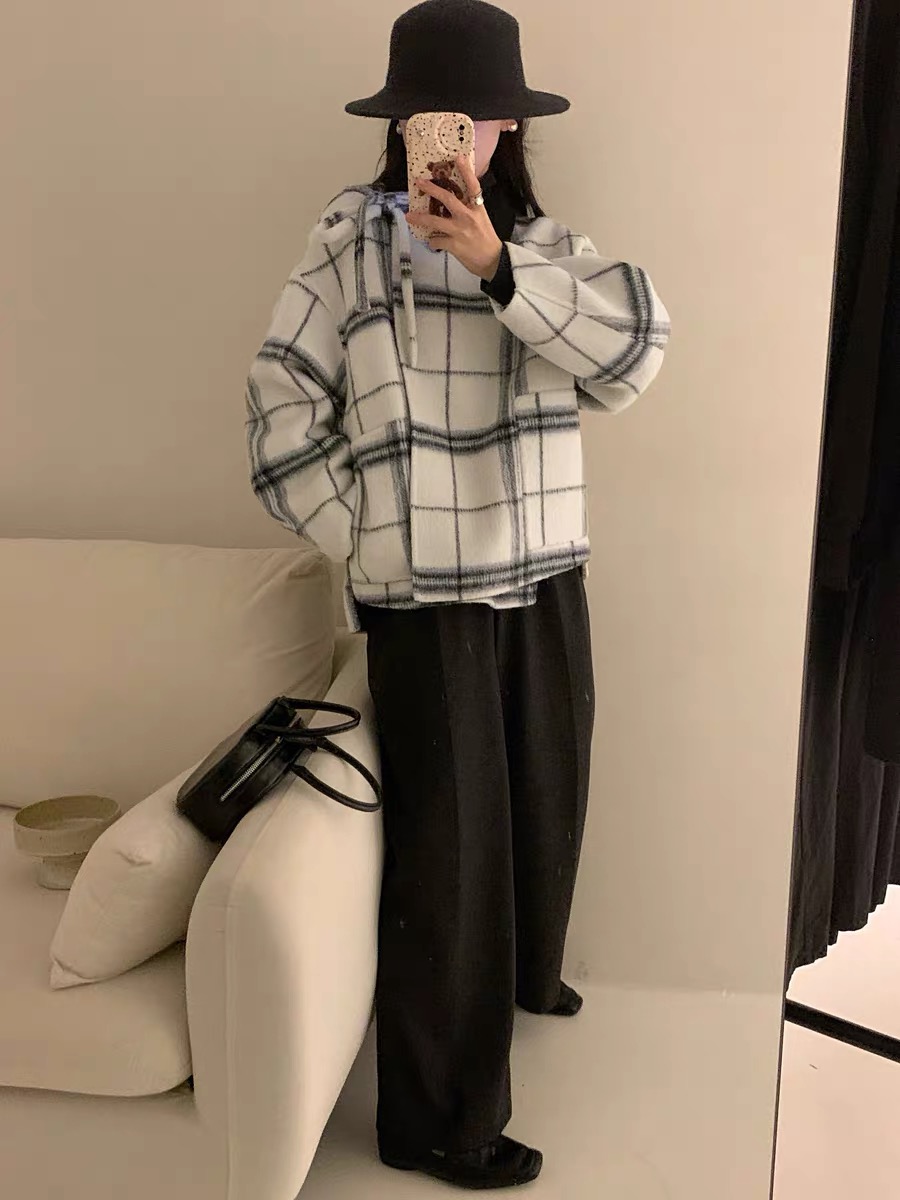格子呢子大衣女秋冬2023新款高級感小個子短款毛呢外套