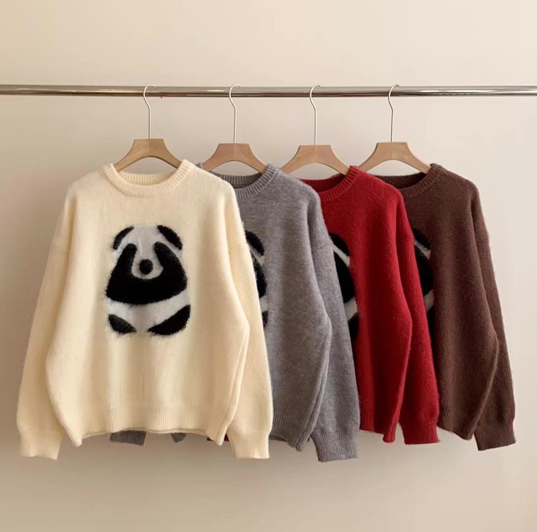 慵懶風刺繡熊貓毛衣女秋冬新款韓版寬鬆時尚百搭高級感灰色針織衫