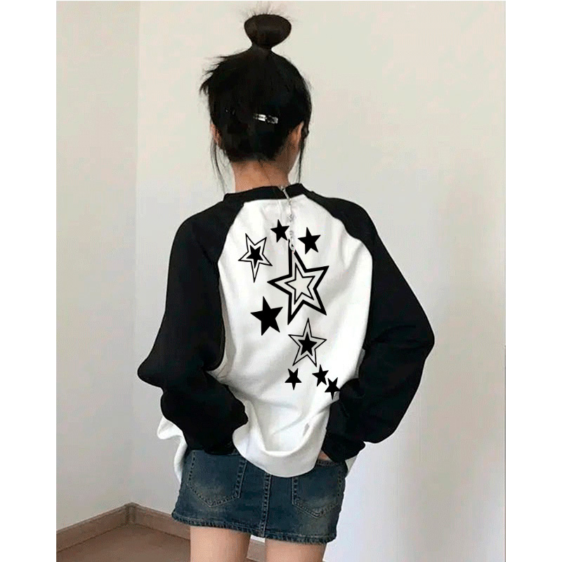 插肩女秋季新款大碼女裝寬鬆美式復古長袖t恤撞色拼接上衣潮