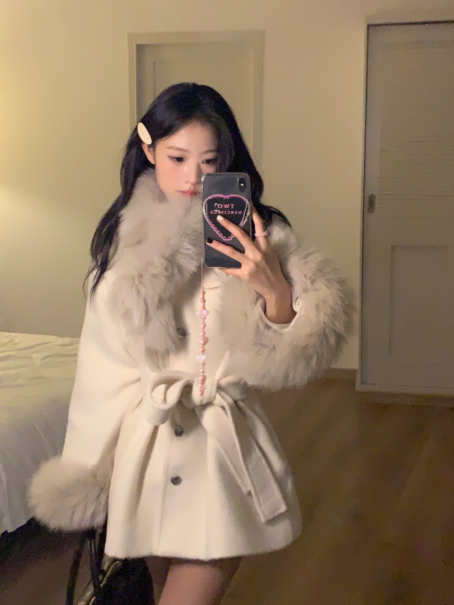 Korean drama White Moonlight Real fox fur collar high weight suit woolen detachable quilted cape coat