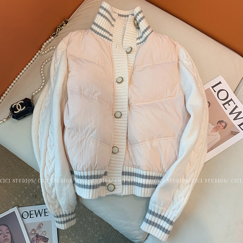 Stand collar pink splicing sweater cotton coat for women 2023 autumn and winter new style sweet little fragrance design cotton coat short jacket