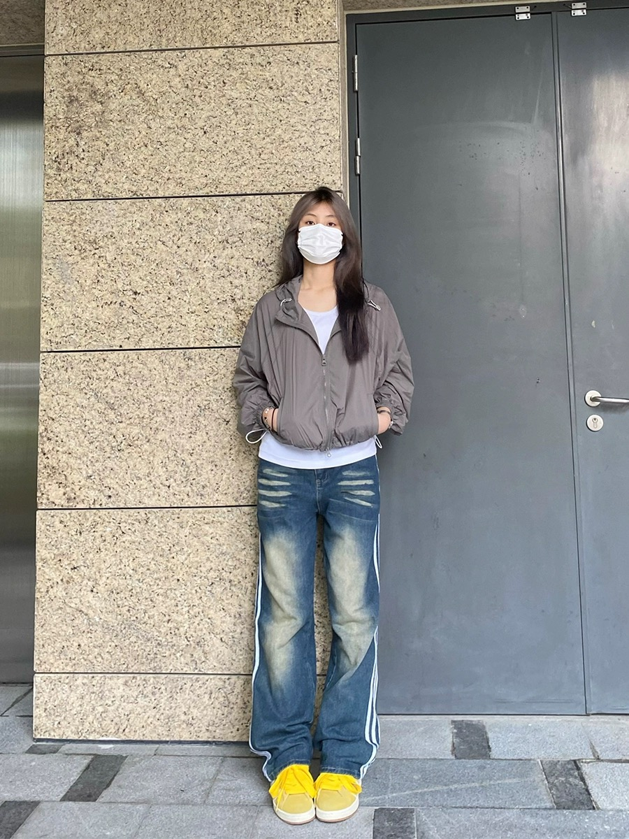 PUHP男女同款高街水洗三杆牛仔運動休閒褲美式休閒百搭長褲秋冬潮
