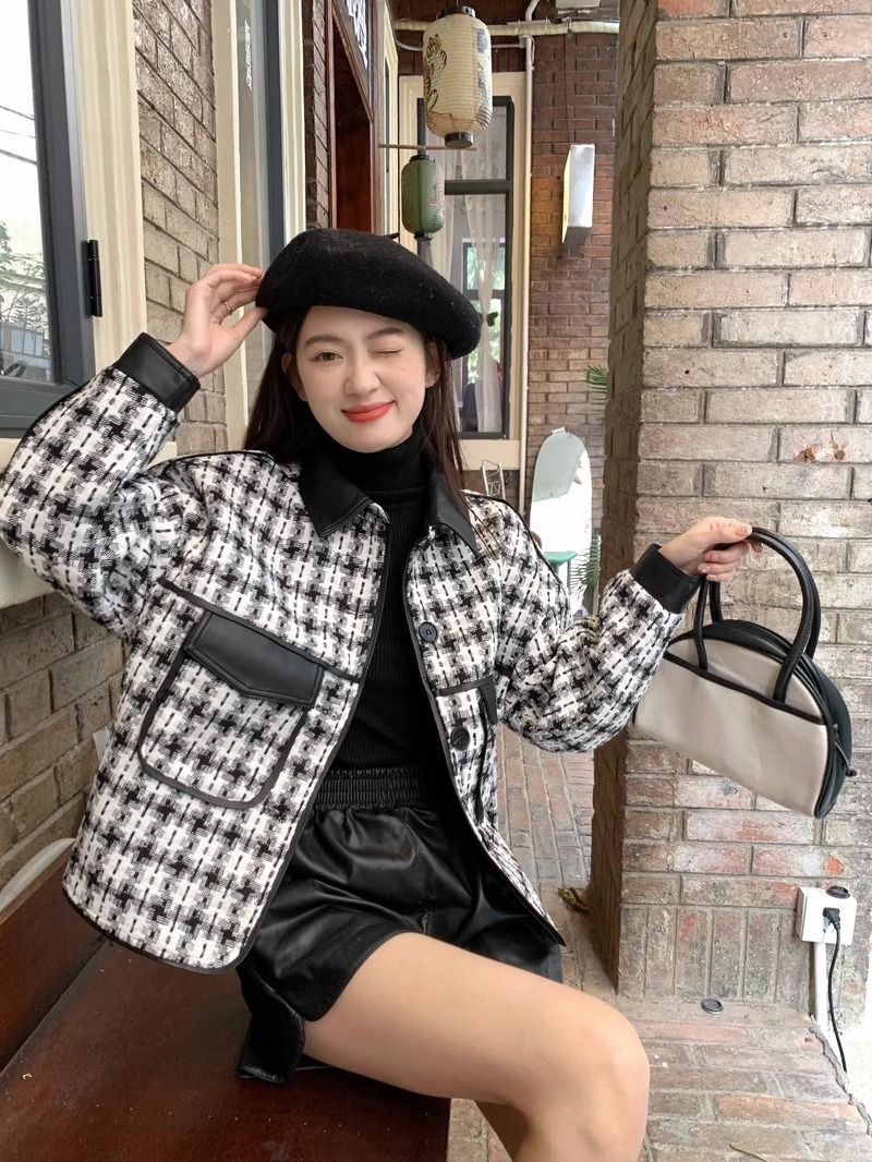 小香風外套女裝秋季2023新款千鳥格設計感拼接polo領寬鬆長袖上衣