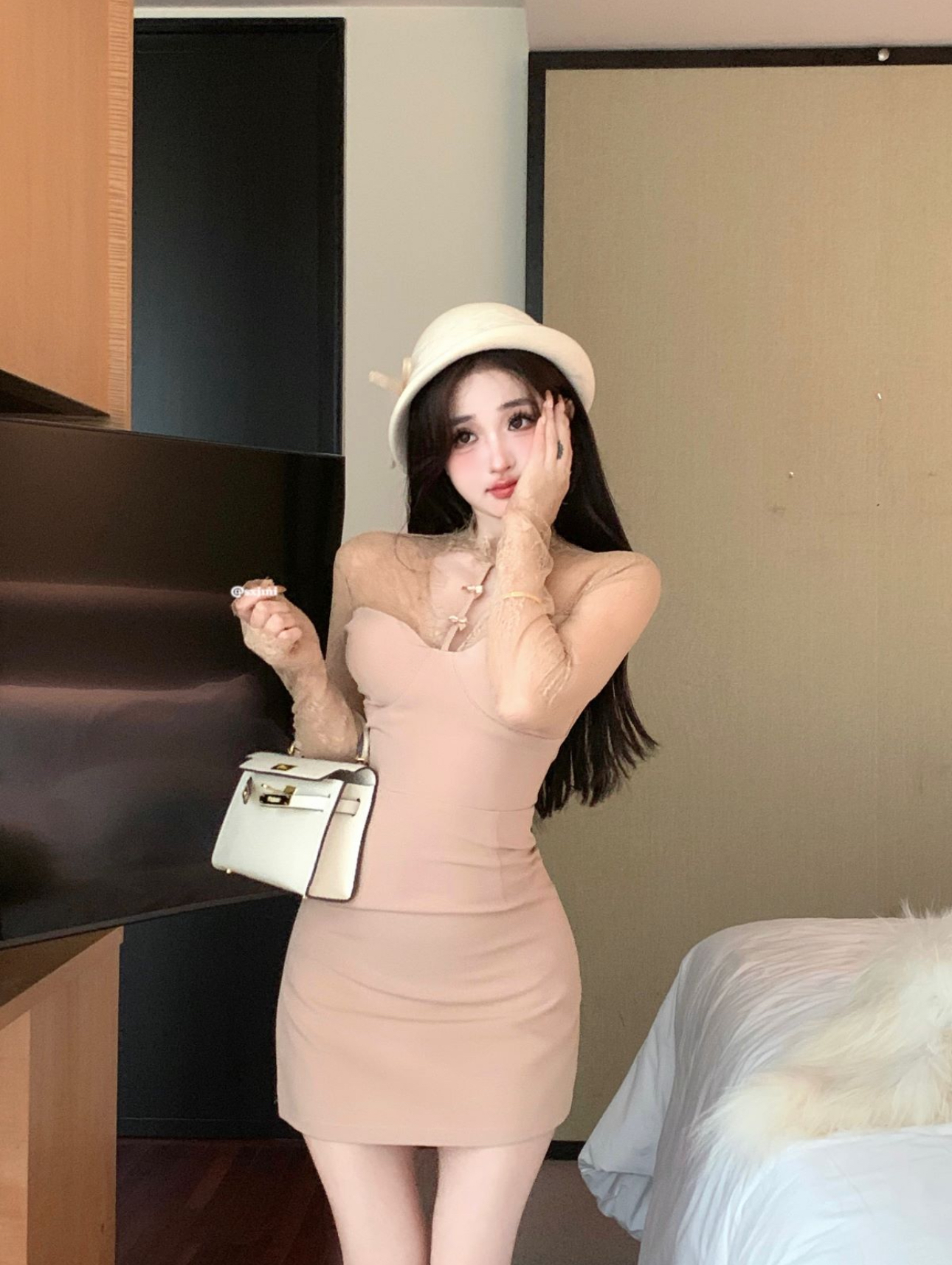 實拍南韓姐姐時尚性感修身包臀顯瘦拼接蕾絲連衣裙