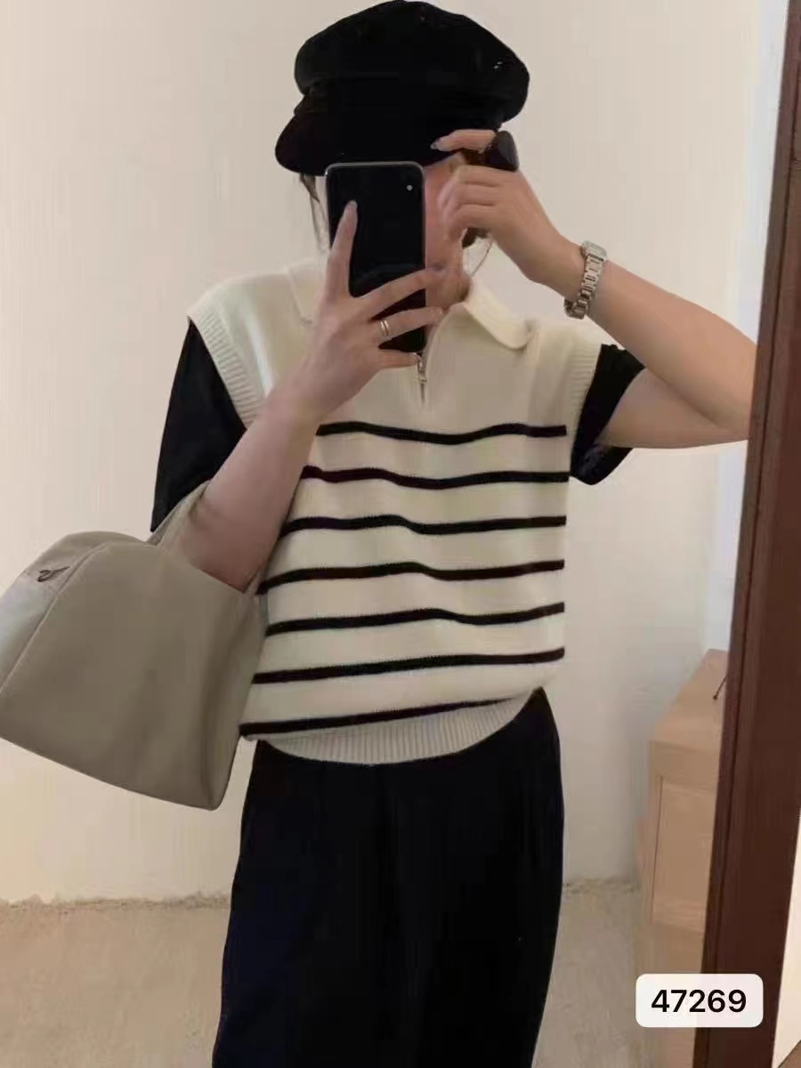 新款韓系復古翻領拉鏈半開胸條紋背心