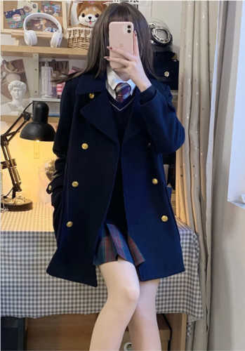 With permed large buttons 360g winter Japanese college style woolen coat for women jk uniform pocket double breasted coat