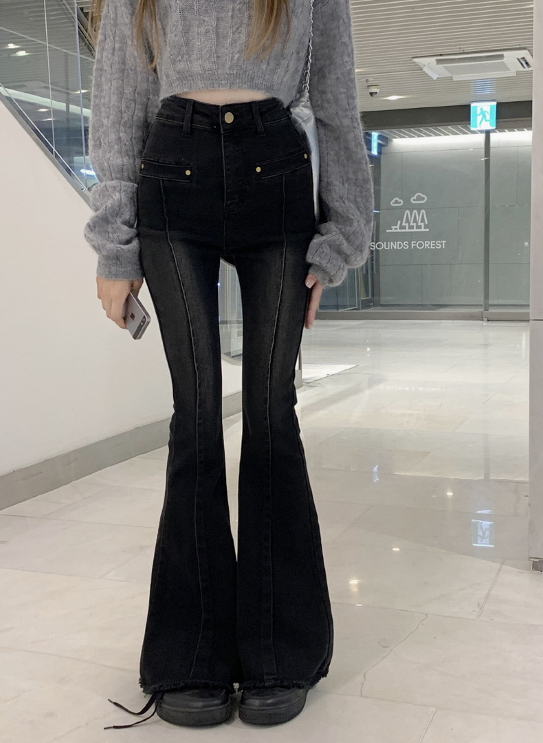 辣妹風復古懷舊高腰牛仔褲女秋季2023新款修身顯瘦彈力拖地喇叭褲