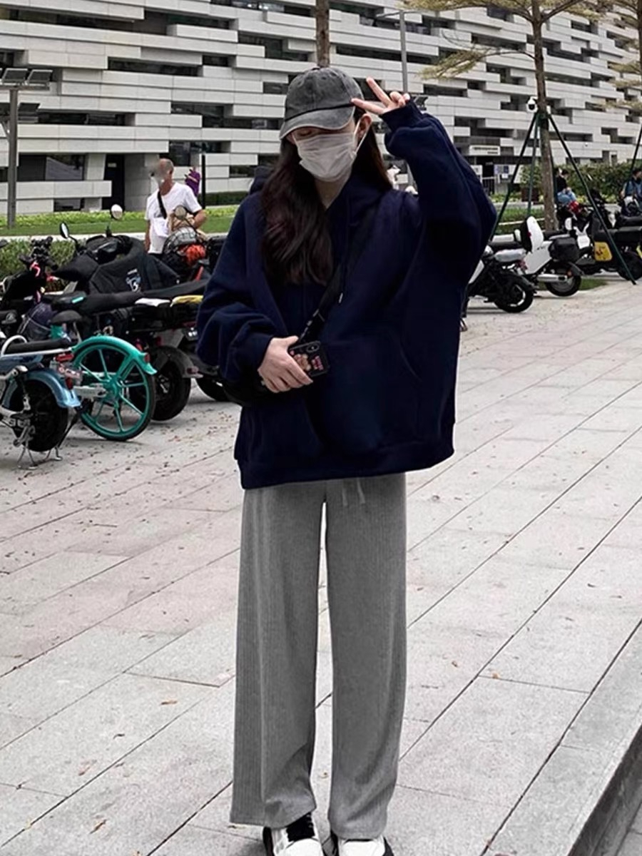 藏青色加絨連帽衛衣女秋冬寬鬆慵懶風休閒韓版學院風加厚純棉上衣