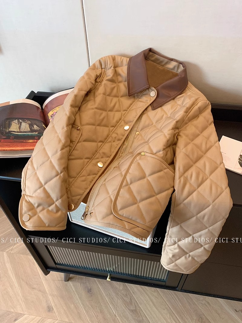 Khaki leather lapel rhombus cotton coat women's autumn and winter 2023 new temperament warm quilted loose cotton coat