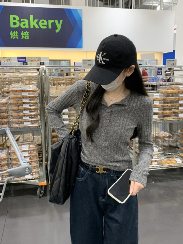 Photographed Autumn/Winter Korean Style Versatile Fitted Button Placket Slimming Warm Inner Layer T-shirt Women's Top