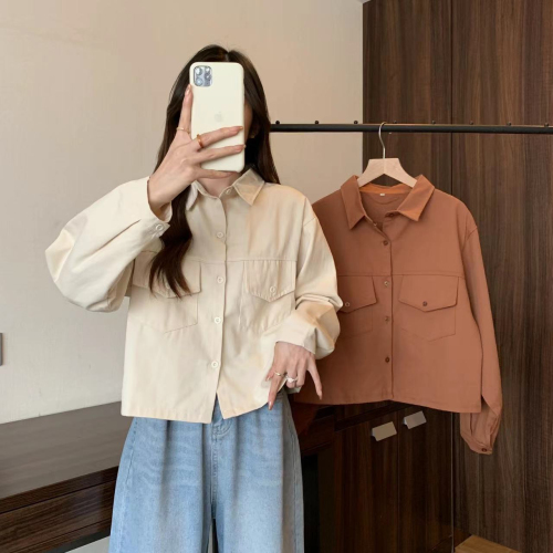 Design niche short coat retro long-sleeved shirt 2023 spring and autumn denim solid color short petite shirt for women