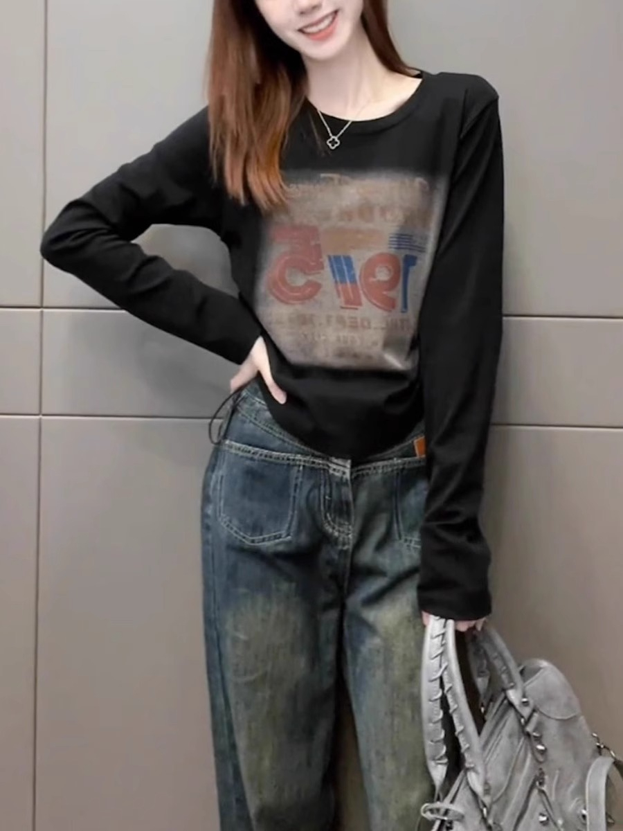 今年早秋新款黑色長袖女街頭辣妹炸街時尚修身百搭舒適網紅上衣