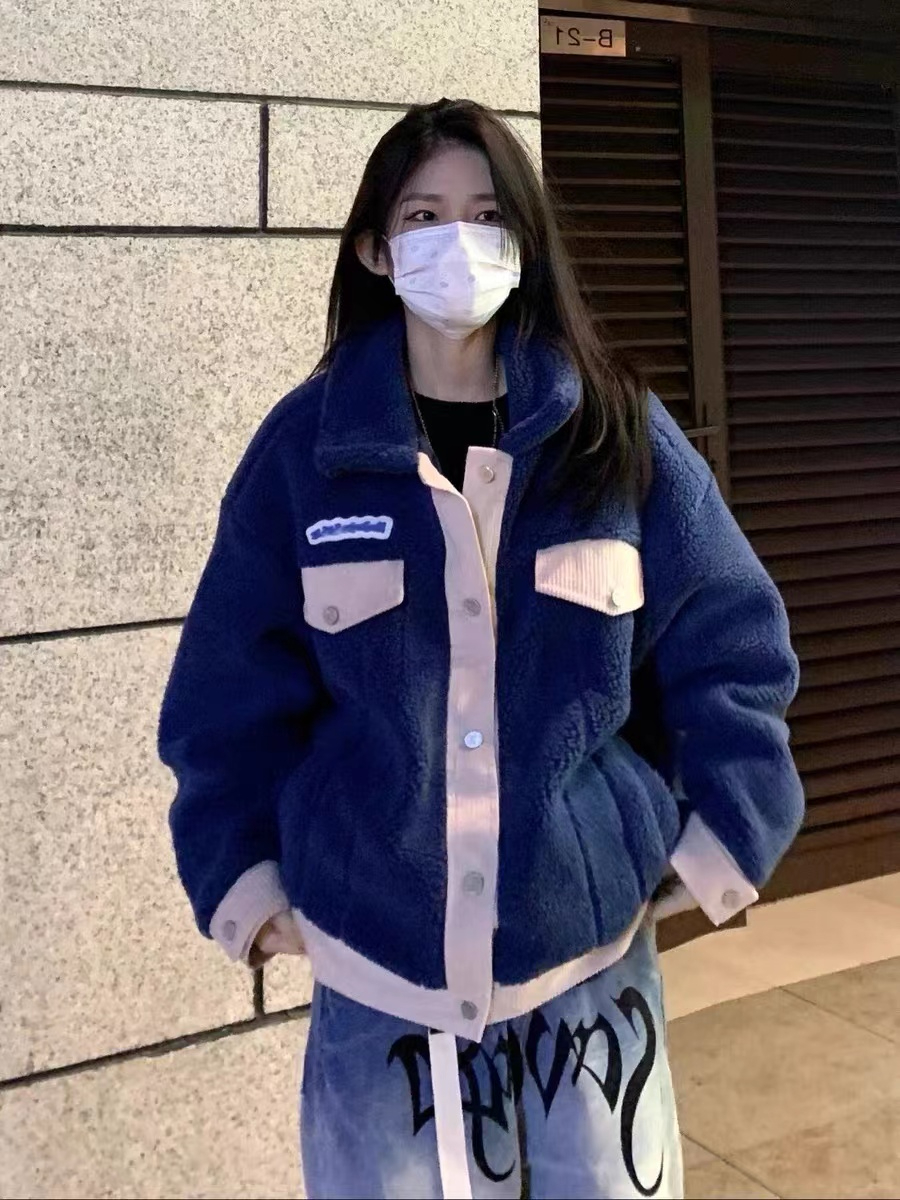 Winter American design lapel lamb wool quilted jacket loose couple thickened short cotton coat women's trend
