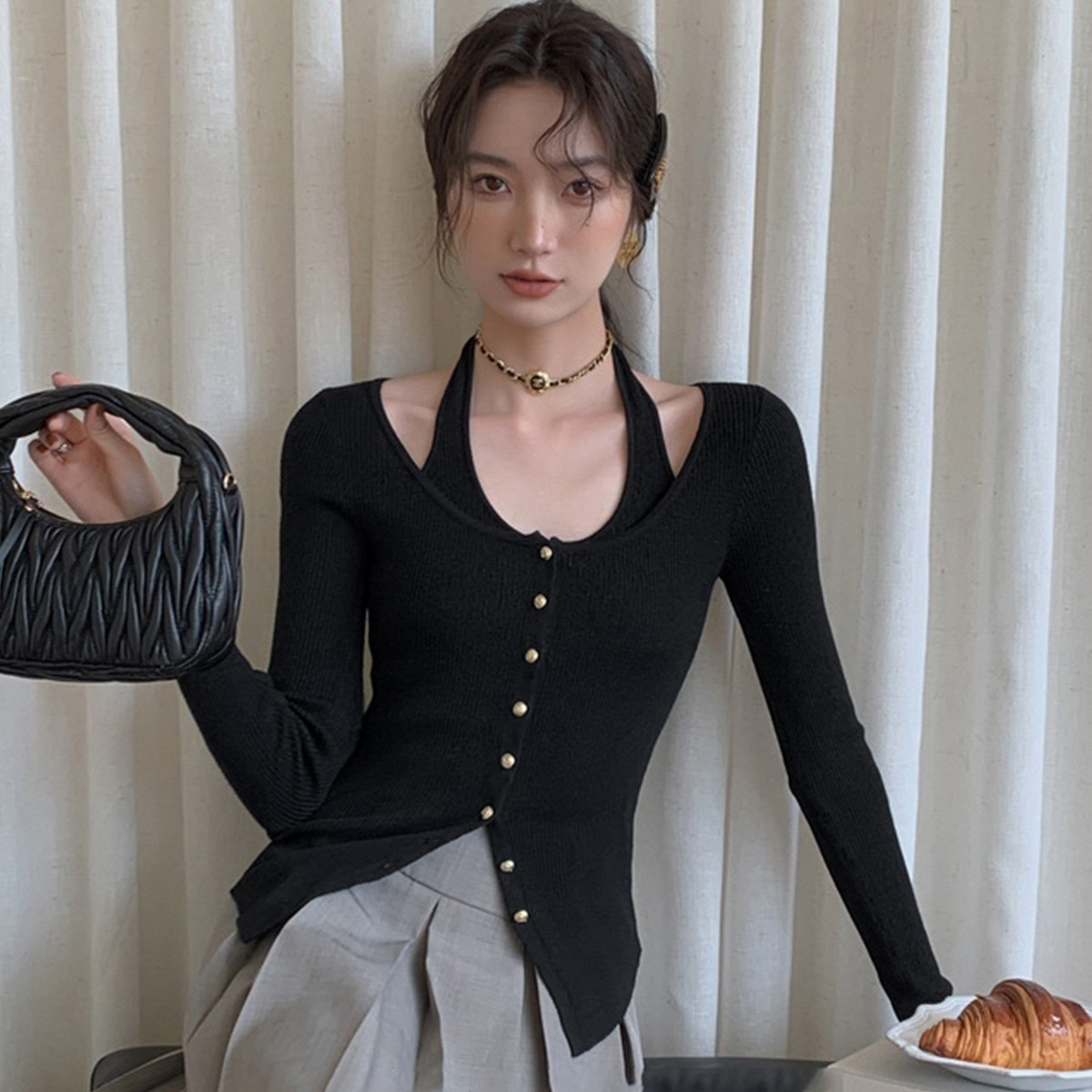 質檢官圖2023秋冬季新款法式氣質掛脖針織衫兩件套女修身開衫套裝