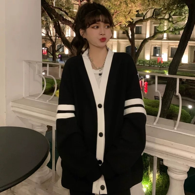 韓風撞色拼接開衫單排扣寬鬆慵懶風學院風長袖毛衣女上衣外套秋季