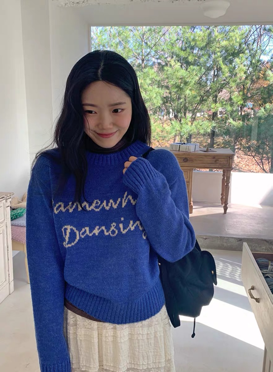 韓版圓領字母提花套頭毛衣女秋冬季新款寬鬆慵懶風軟糯針織衫上衣