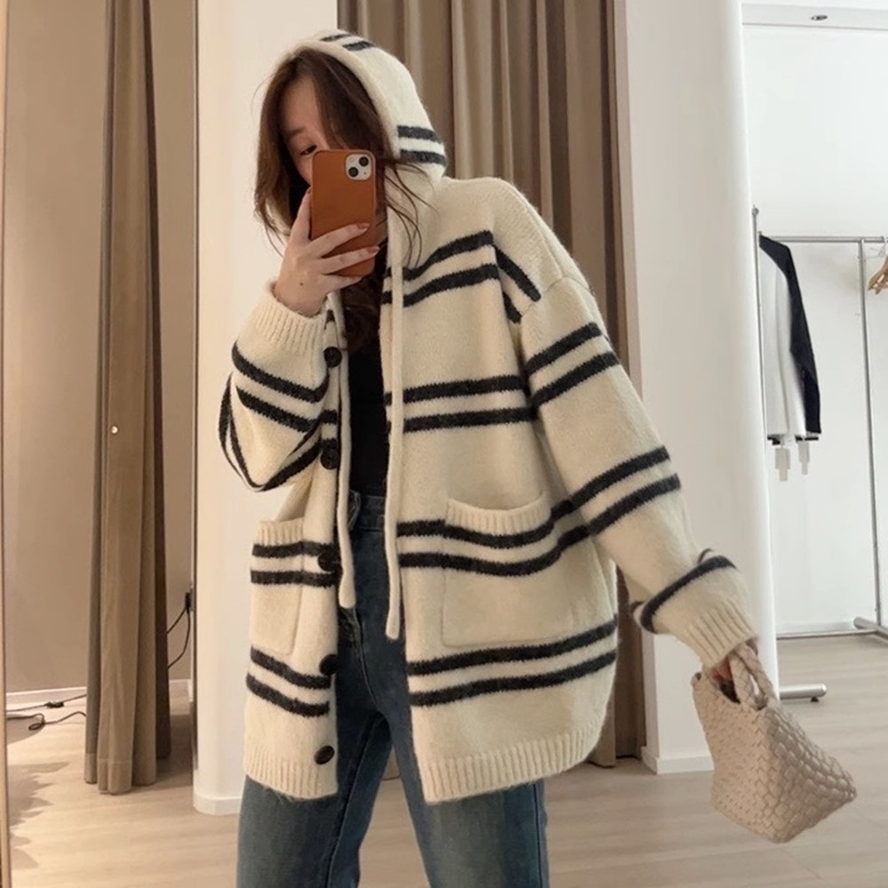 韓國秋冬大碼女裝時尚條紋定製扣長袖鬆軟連帽開衫毛衣寬鬆顯瘦
