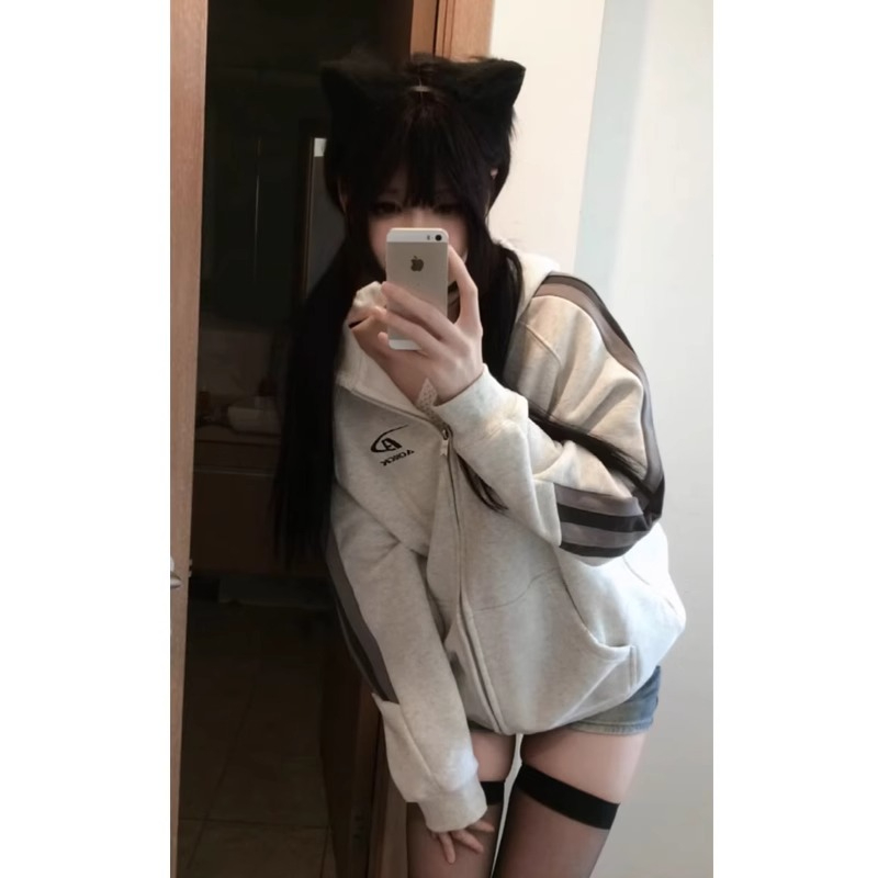華棉複合銀狐絨拼接連帽衛衣女秋冬加絨加厚外套女