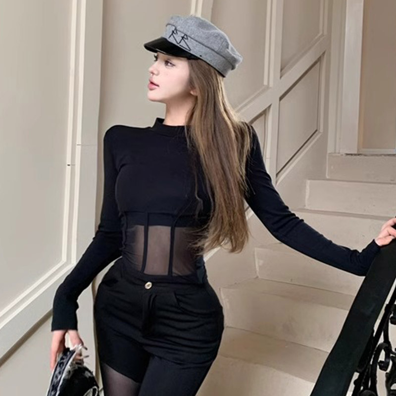 春秋緊身短款上衣設計感網紗拼接純欲長袖t恤打底衫女
