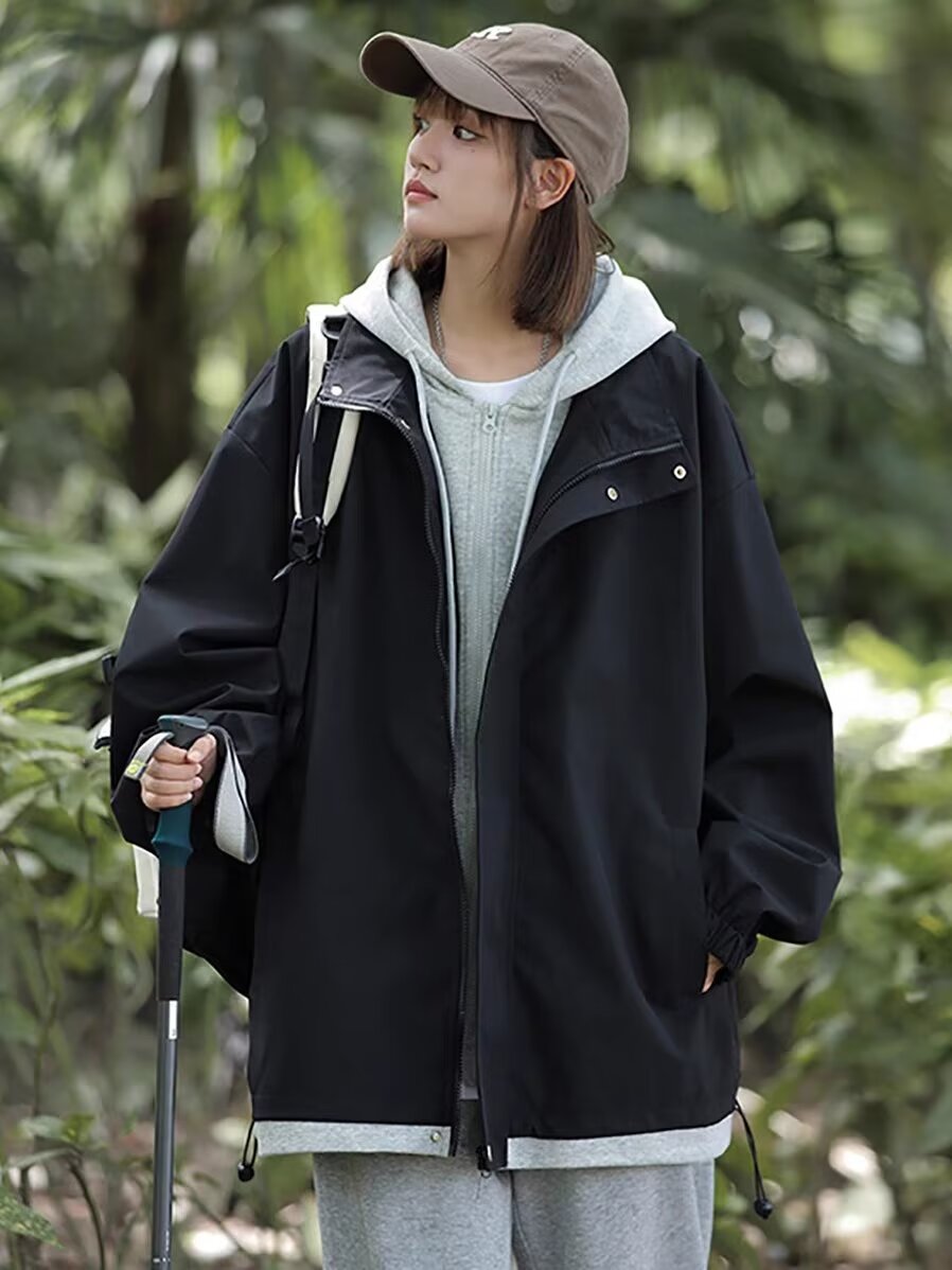 Fake two-piece work jacket for women in autumn oversize loose hooded high-end American style jacket jacket