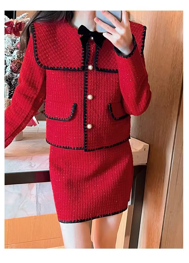 紅色小香風冬天結訂婚穿搭回門宴服女平時可穿當天新娘便套裝秋冬